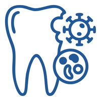 Blue line drawing of a tooth with a gear and a circular cluster, symbolizing dental technology and oral health benefits
