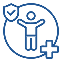 Health protection icon: person with raised arms inside a circle, shield with a checkmark at top-left, and a medical cross at bottom-right.