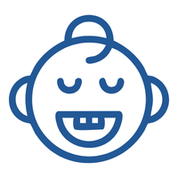 Blue line drawing of a smiling baby face with closed eyes, big ears, and a small hair curl on top.