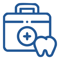 Dental first aid kit icon showing a tooth and medical bag symbolizing dental emergency care