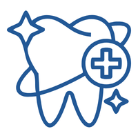 Stylized tooth with a dental health badge (plus sign) indicating dental care services.