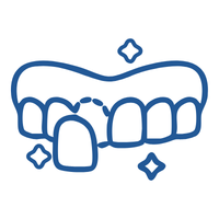 Cartoon mouth with braces on the front teeth and sparkles indicating shine or cleanliness.